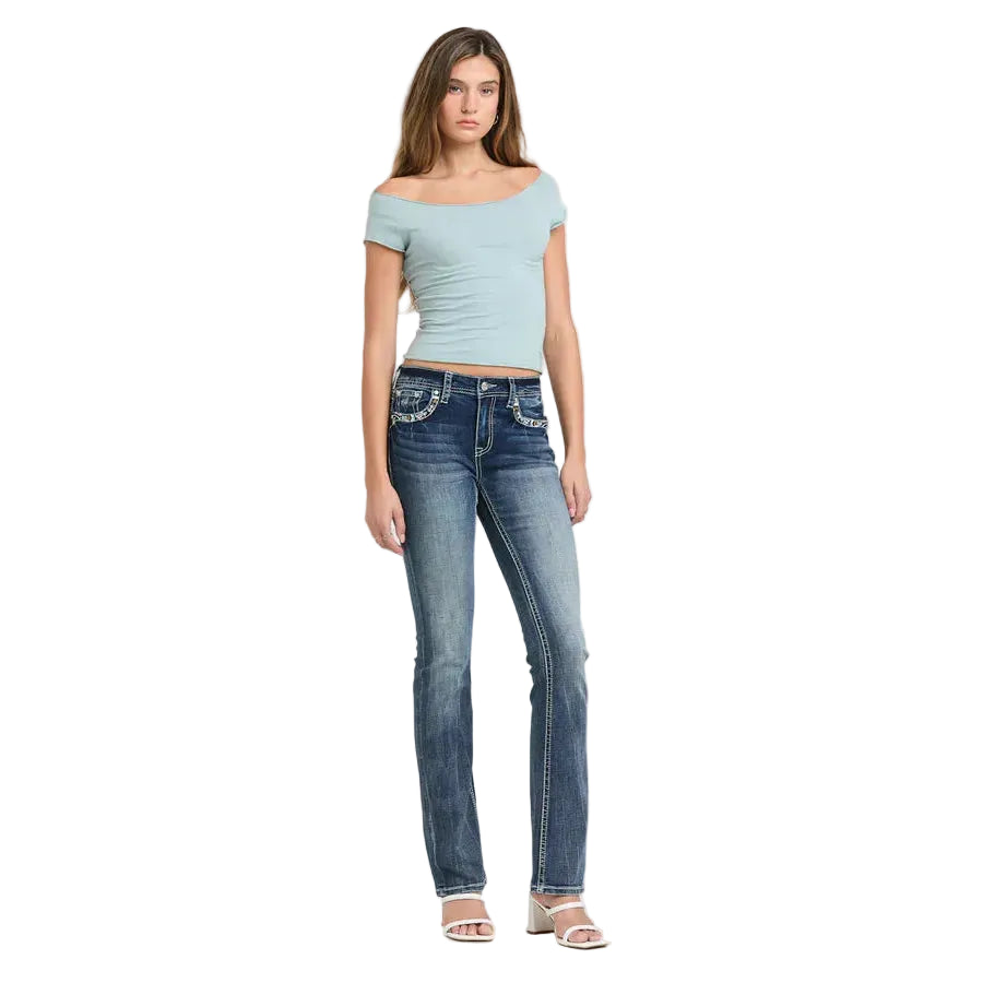 Grace in LA Women's Steer Head & Feathers Embellished Pocket Jeans