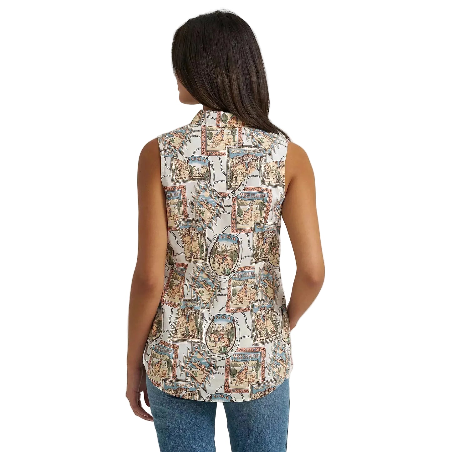 Wrangler Women's Bold Print Sleeveless Western Snap Shirt - Cream