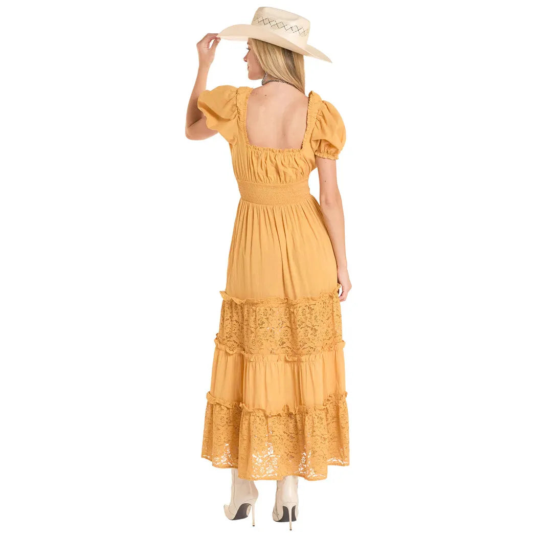 Panhandle Slim Women's Puff Short Sleeve Lace Tiered Maxi Dress - Mustard