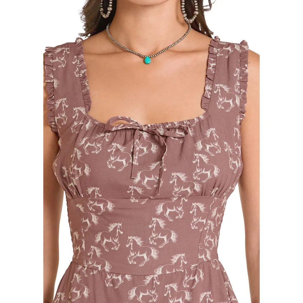 Rock & Roll Women's Horse Print Tiered Dress - Mahogany