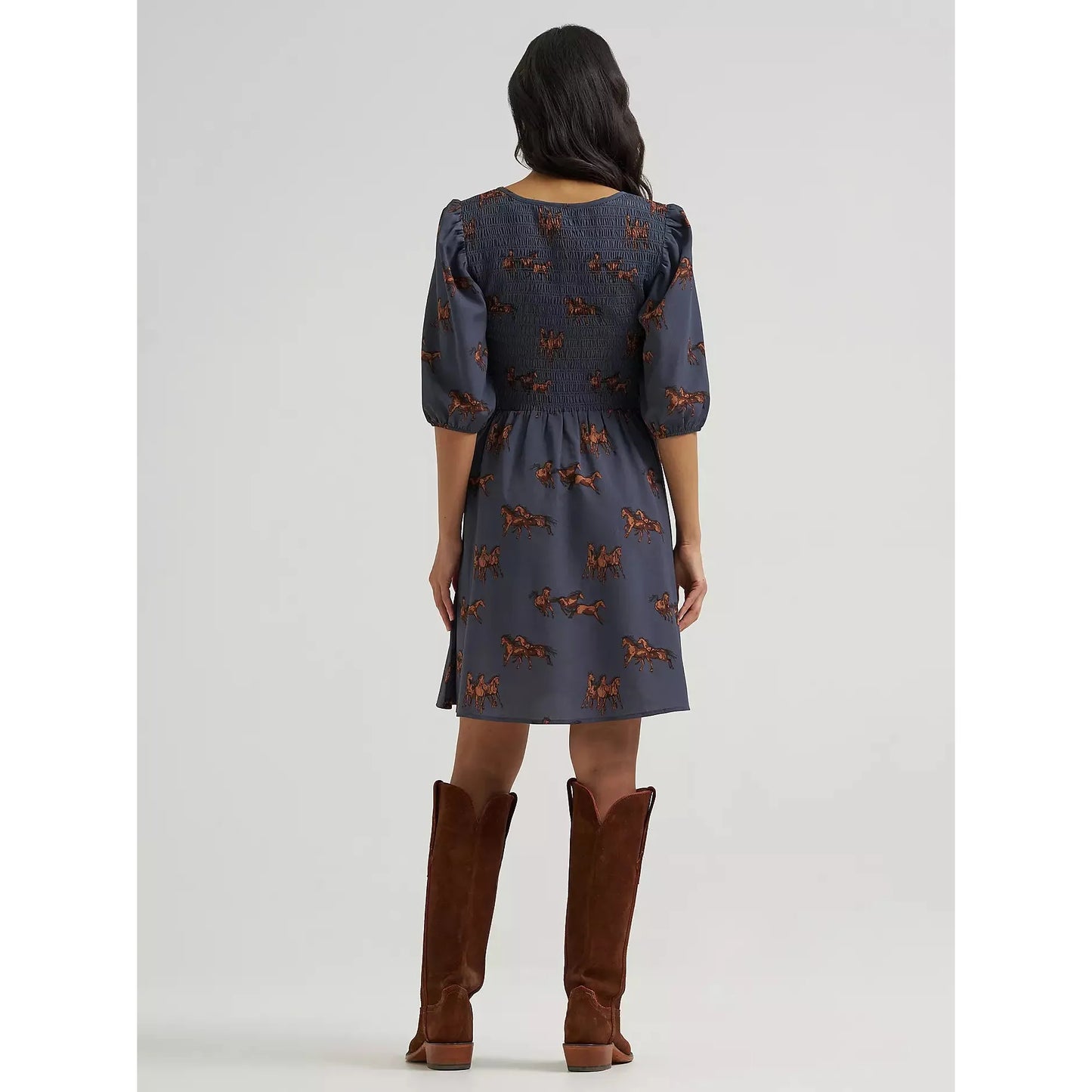 Wrangler Women's Smocked Puff Sleeve Babydoll Horse Dress - Blue