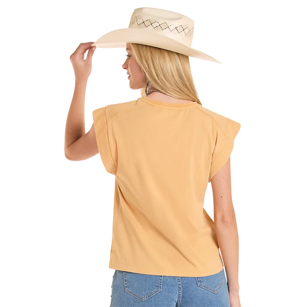 Panhandle Slim Women's Cowboy Graphic Cap Sleeve Tee Shirt - Mustard