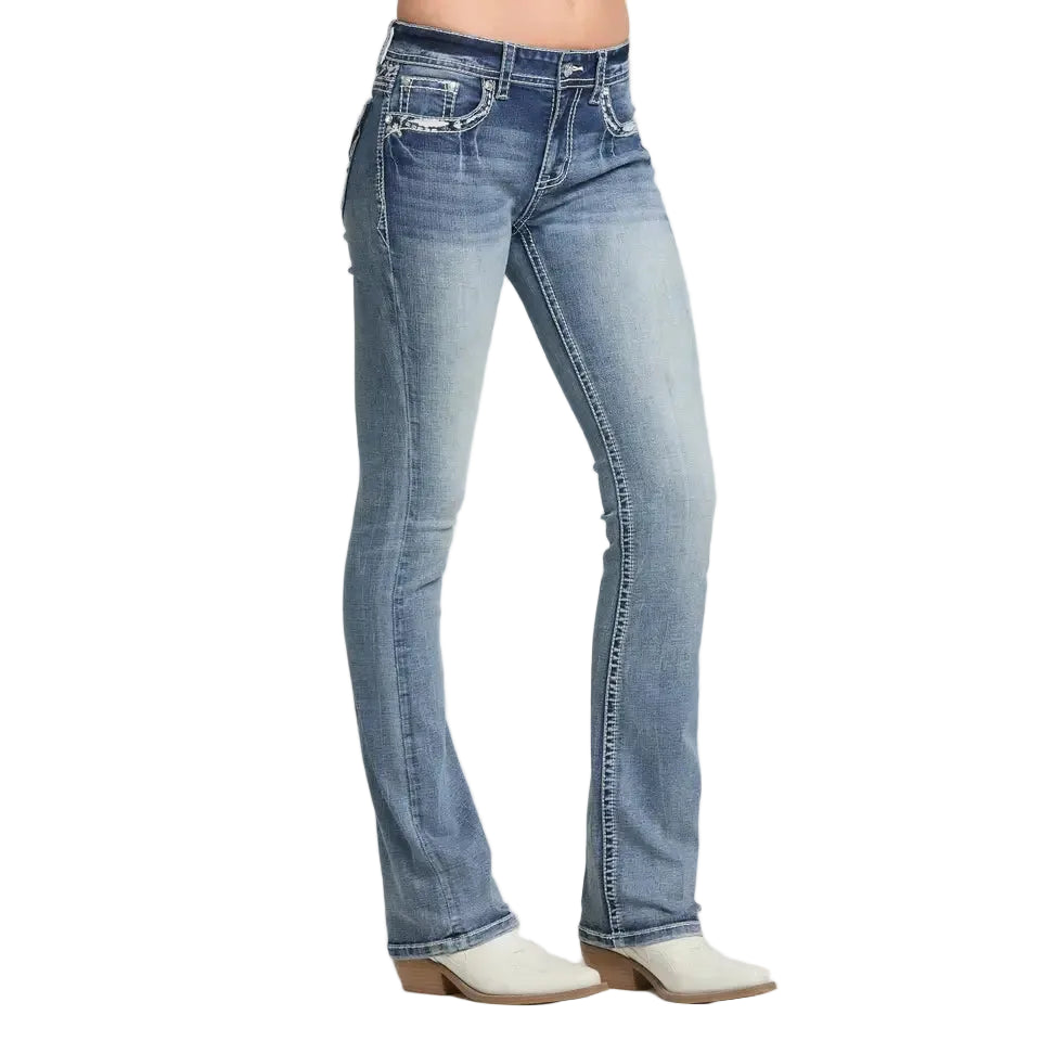 Grace in LA Women's Aztec Yoke Embroidery Mid Rise Boot Cut Jeans