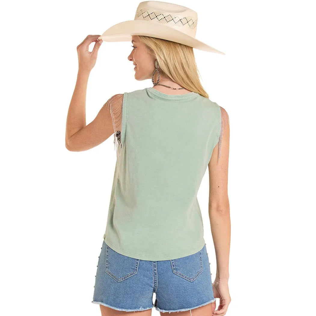Rock & Roll Women's Cowboy Roundup Fringe Tank Top - Mint