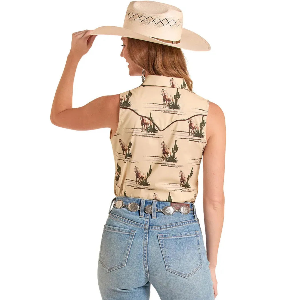 Rock & Roll Women's Novelty Retro Spirit Print Sleeveless Snap Top - Natural