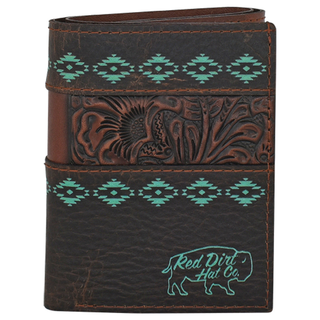 Red Dirt Men's Tooled Accent with Turquoise Design Trifold Wallet - Dark Brown