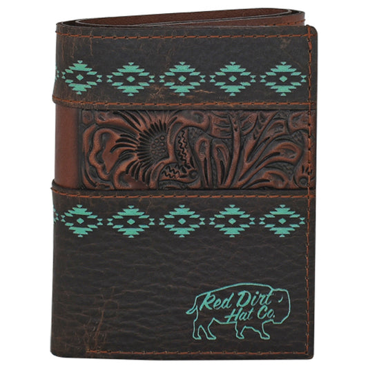 Red Dirt Men's Tooled Accent with Turquoise Design Trifold Wallet - Dark Brown