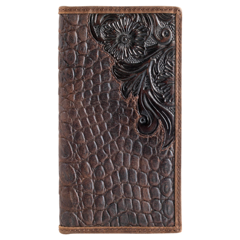 Tony Lama Men's Leather Rodeo Wallet Scroll with Caiman Print - Brown