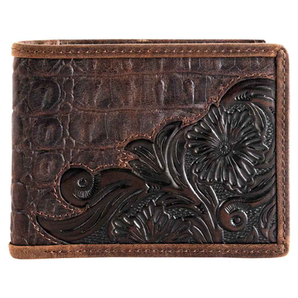 Tony Lama Men's Leather Large Bifold Wallet Scroll with Caiman Print - Brown