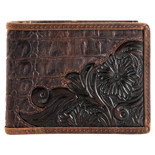 Tony Lama Men's Leather Large Bifold Wallet Scroll with Caiman Print - Brown