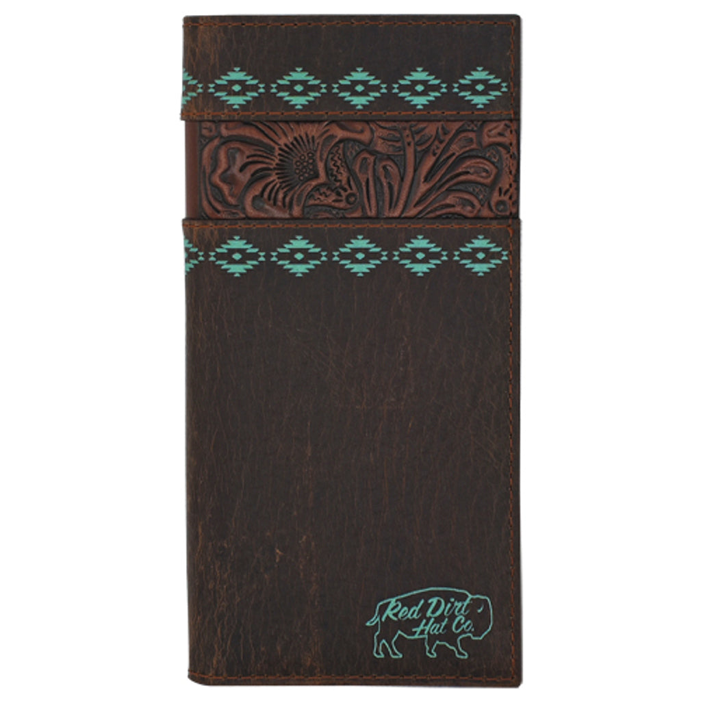Red Dirt Men's Tooled Accent with Turquoise Design Rodeo Wallet - Dark Brown