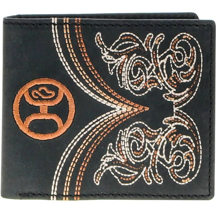 Hooey Ranger Boot Stitch Filigree Embroidered Bifold Leather Wallet - Black