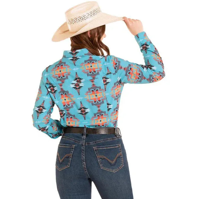 Rock & Roll Women's Aztec Printed Tek Western Long Sleeve Shirt - Turquoise
