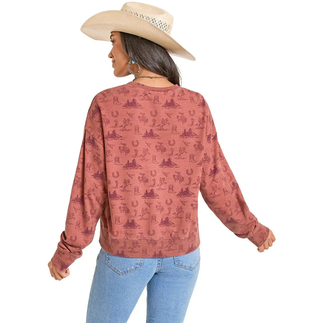 Rock & Roll Women's Conversational Western Mountain Graphic Pullover - Rust