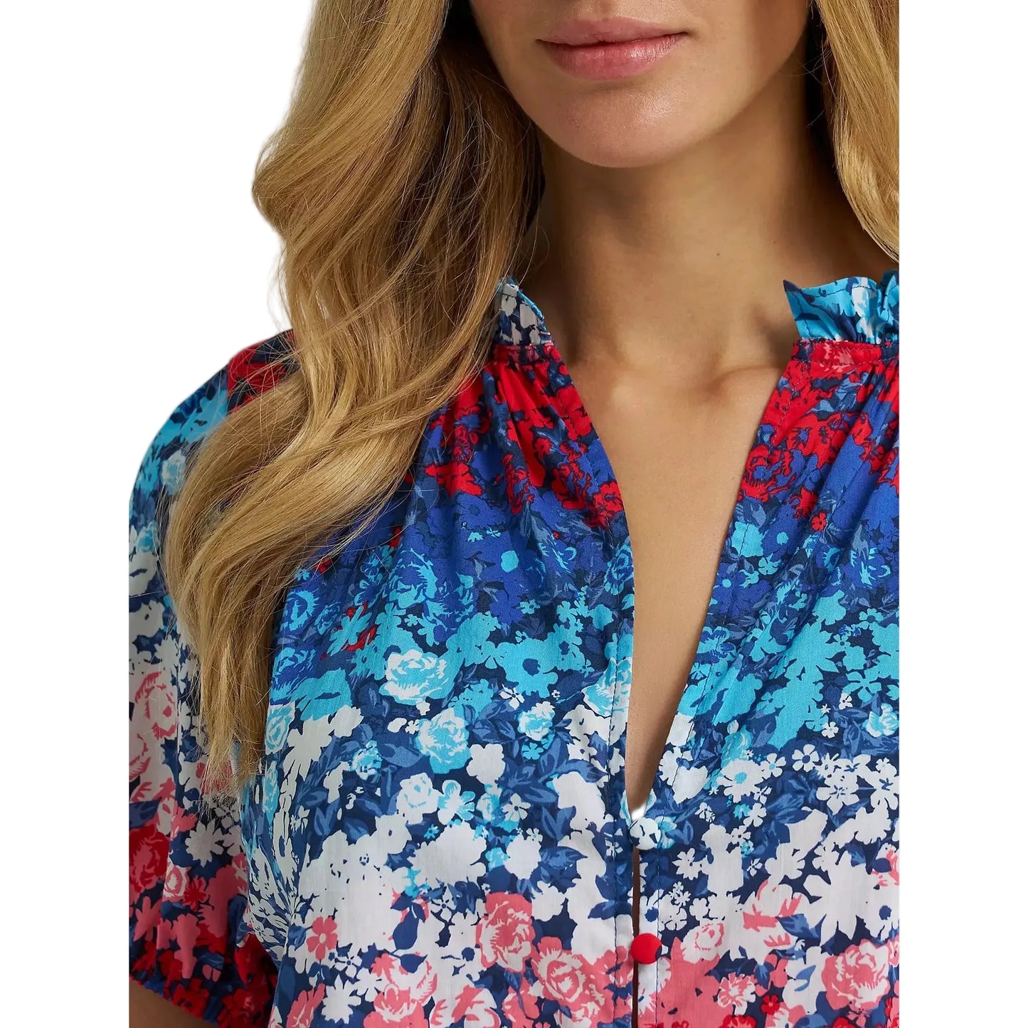 Wrangler® Women's Puff Sleeve Floral Mini Button Blouse - Blue
