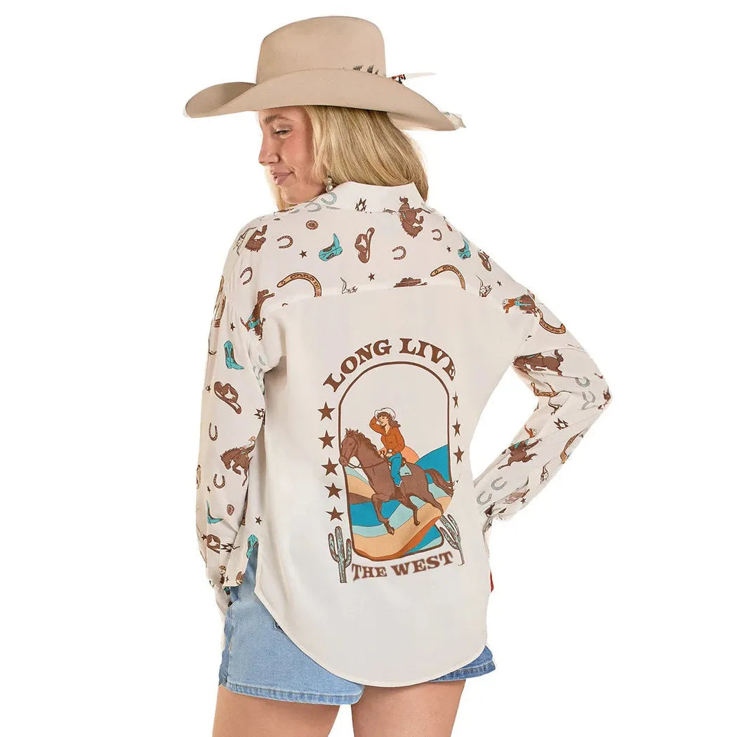 Rock & Roll Women's Conversational Long Live The West Long Sleeve Shirt - Natural