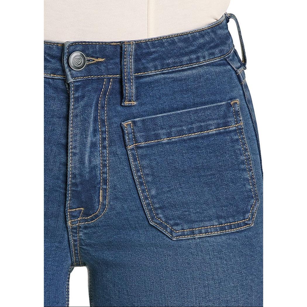 Rock & Roll Women's High Rise Patch Pocket Relaxed Wide Leg Jeans - Medium Wash