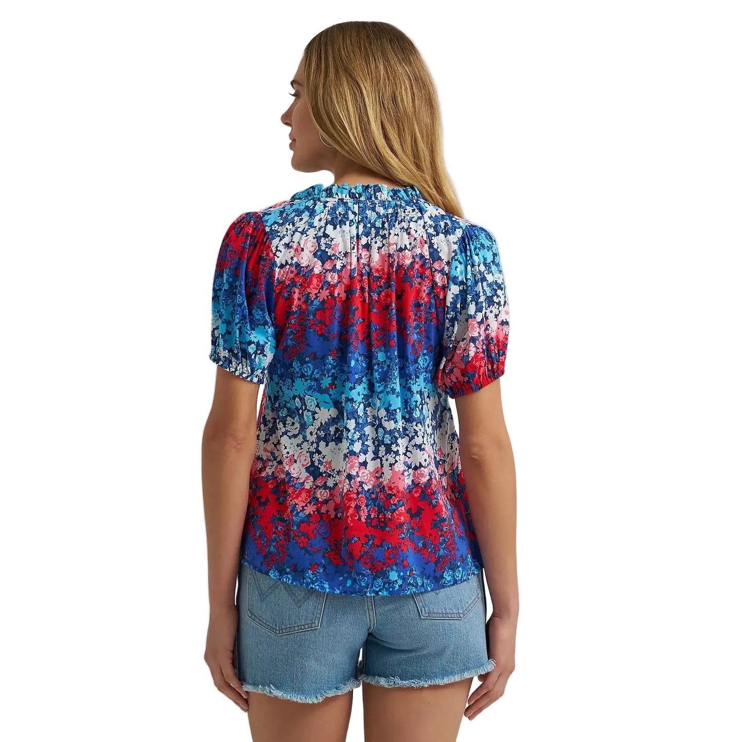 Wrangler® Women's Puff Sleeve Floral Mini Button Blouse - Blue