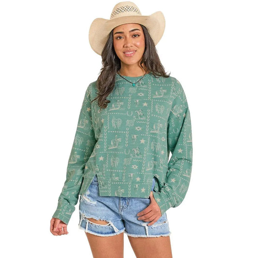 Rock & Roll Women's Conversational Print Pullover Sweater - Turquoise