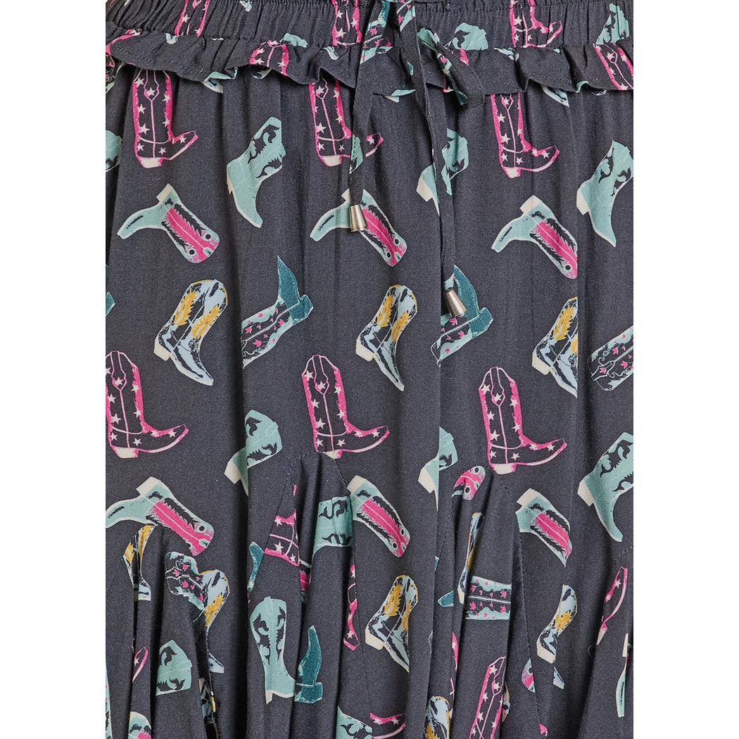Rock & Roll Women's Boot Print Godet Skirt - Black