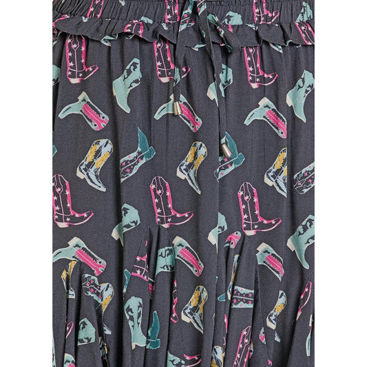 Rock & Roll Women's Boot Print Godet Skirt - Black