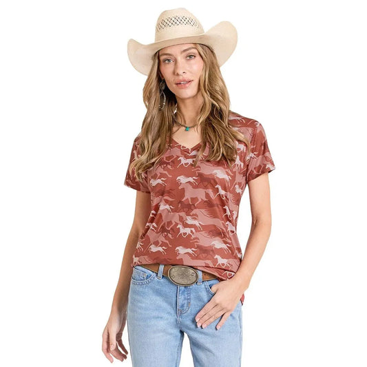 Panhandle Women's Horse Performance Short Sleeve Tee Shirt - Rust