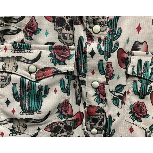 Rock & Roll Women's Novelty Skulls Tek Western Snap Shirt - Tan