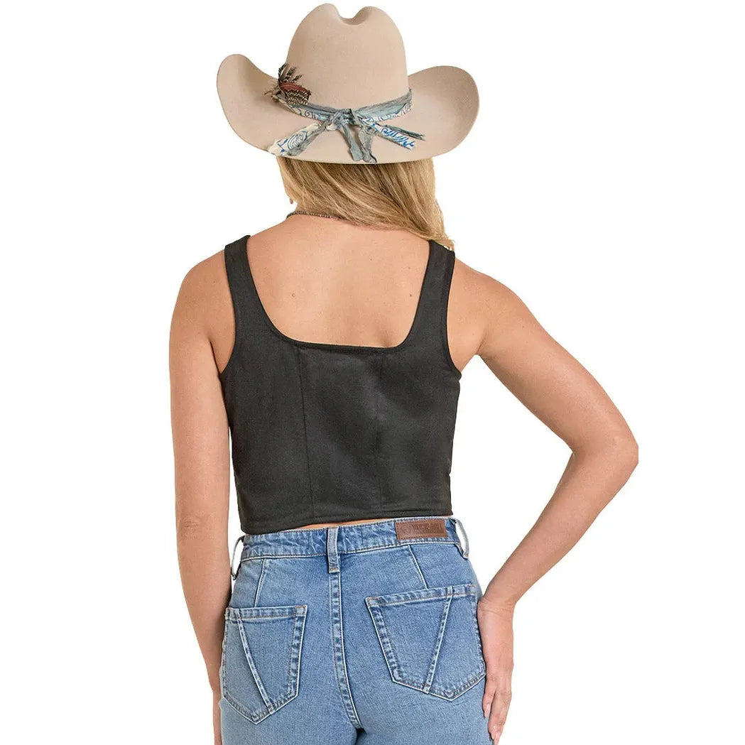 Rock & Roll Women's Embroidered Microsuede Boot Stitch Tank Top - Black