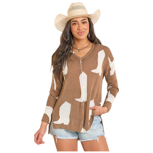 Rock & Roll Women's Boot Pring Long Sleeve Sweater - Brown