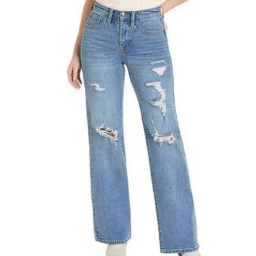 Panhandle Slim Women's Distressed Relaxed High Rise Wide Leg Jeans - Medium Wash