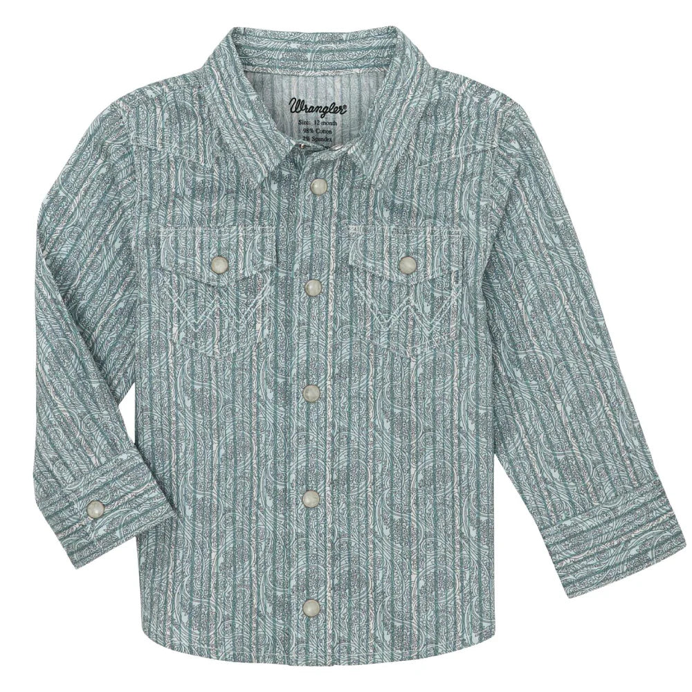 Wrangler Baby Boy Long Sleeve Paisley Stripe Shirt- Turquoise