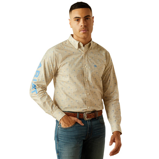 Ariat Men's Long Sleeve Team Alder Fitted Shirt- Khaki/Blue