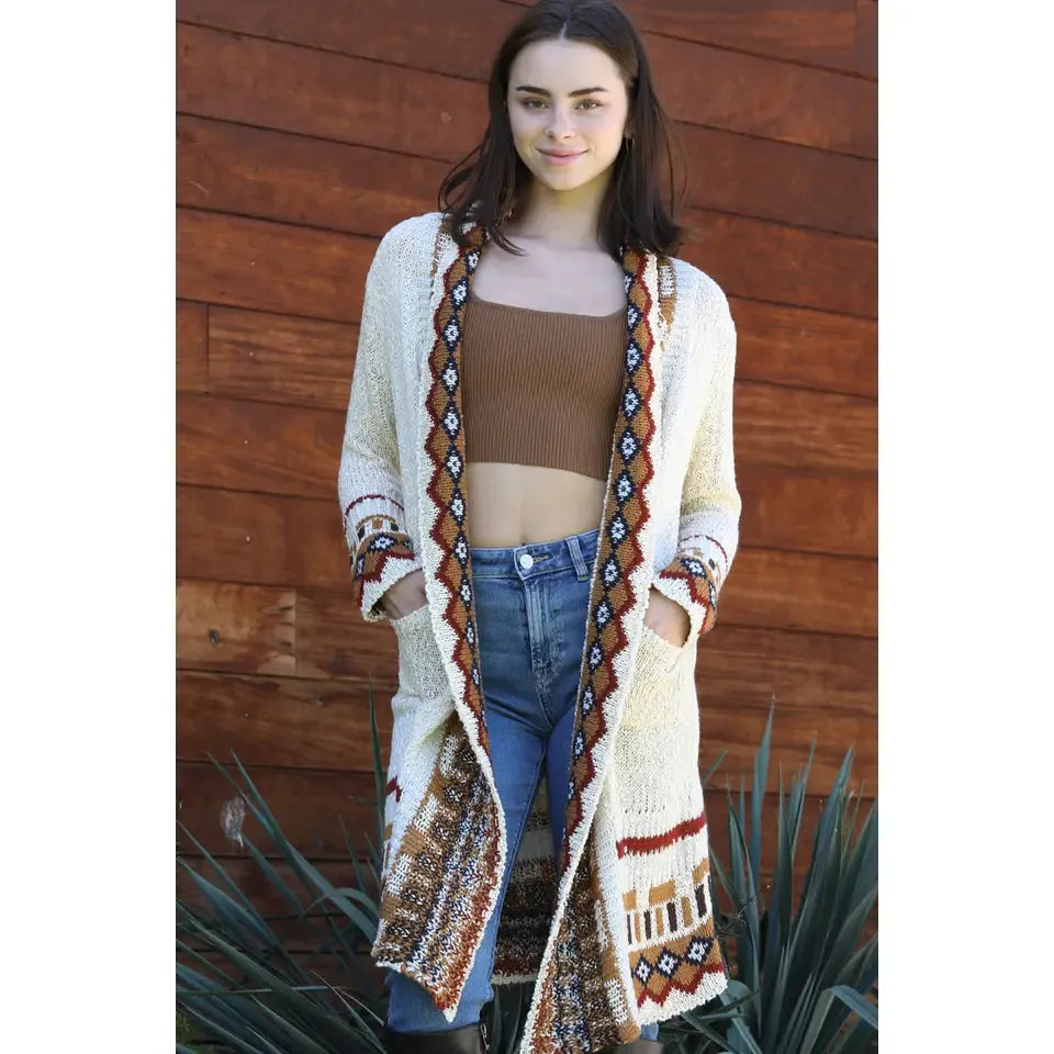Angie Women's Cardigan Sweater with Border - Ivory