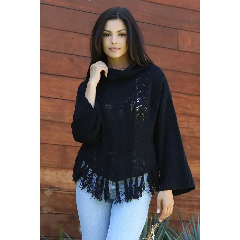Angie Women's Cowl Neck Fringe Hem Flare Sleeve Open Knit Pullover Sweater - Black