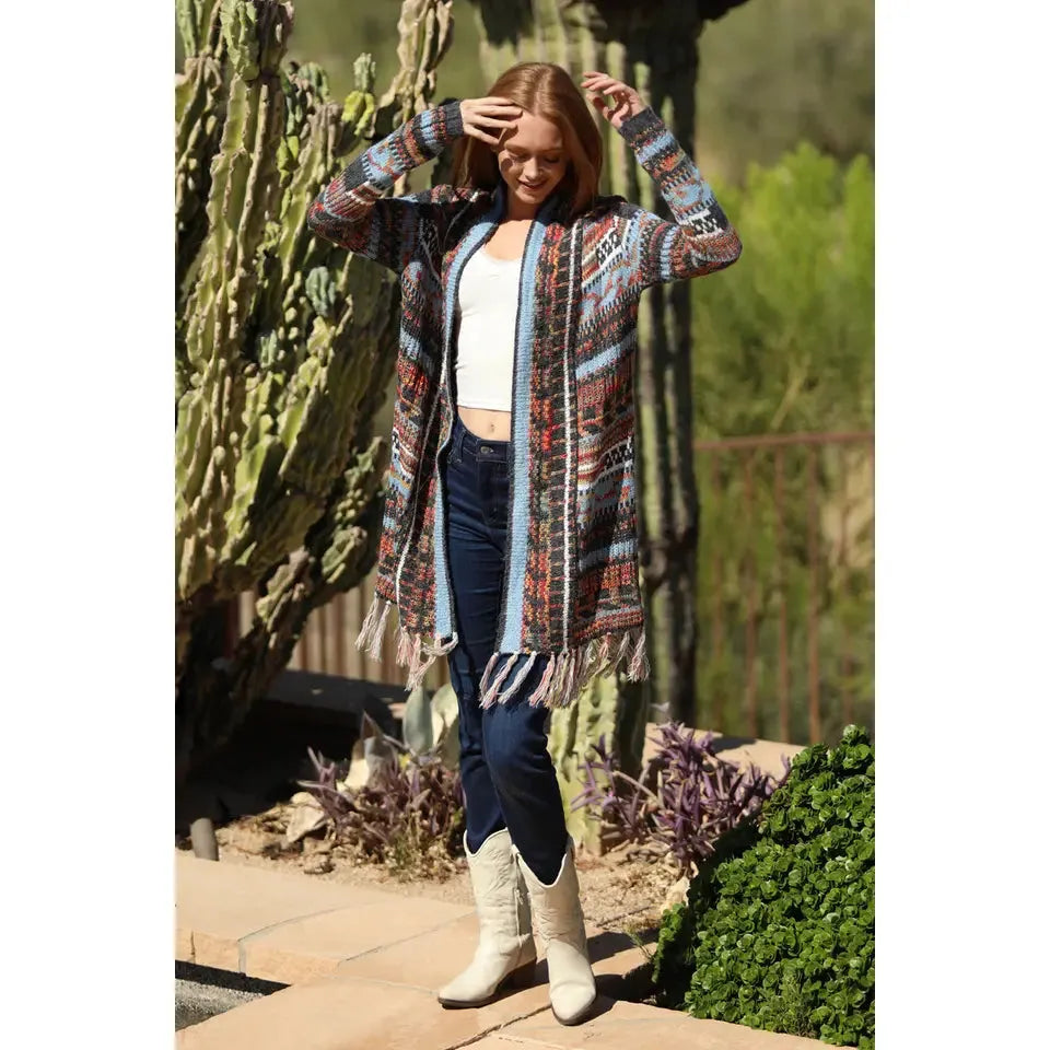 Angie Women's Fringe Hem Cardigan Sweater - Blue