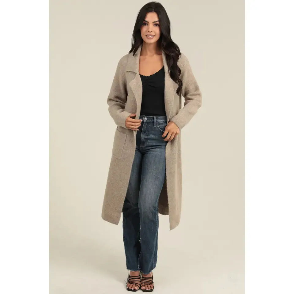 Angie Women's Long Knit Sweater Trench Cardigan - Tan