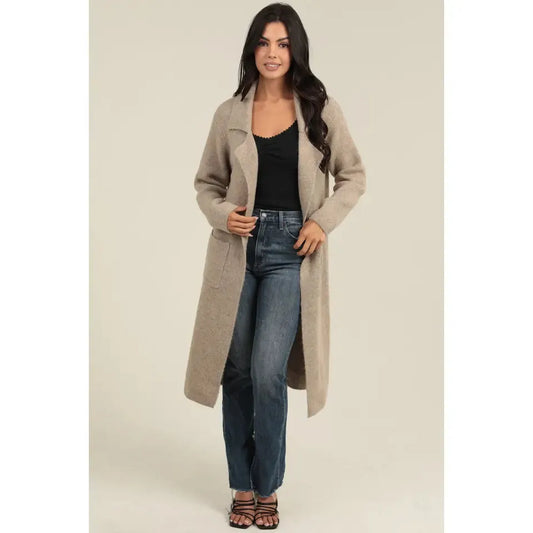 Angie Women's Long Knit Sweater Trench Cardigan - Tan