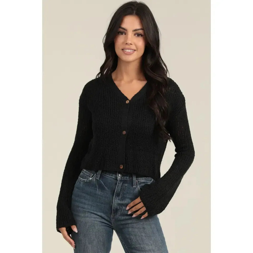 Angie Women's Flare Sleeve Wooded Button Front Cardigan Sweater - Multiple Colours