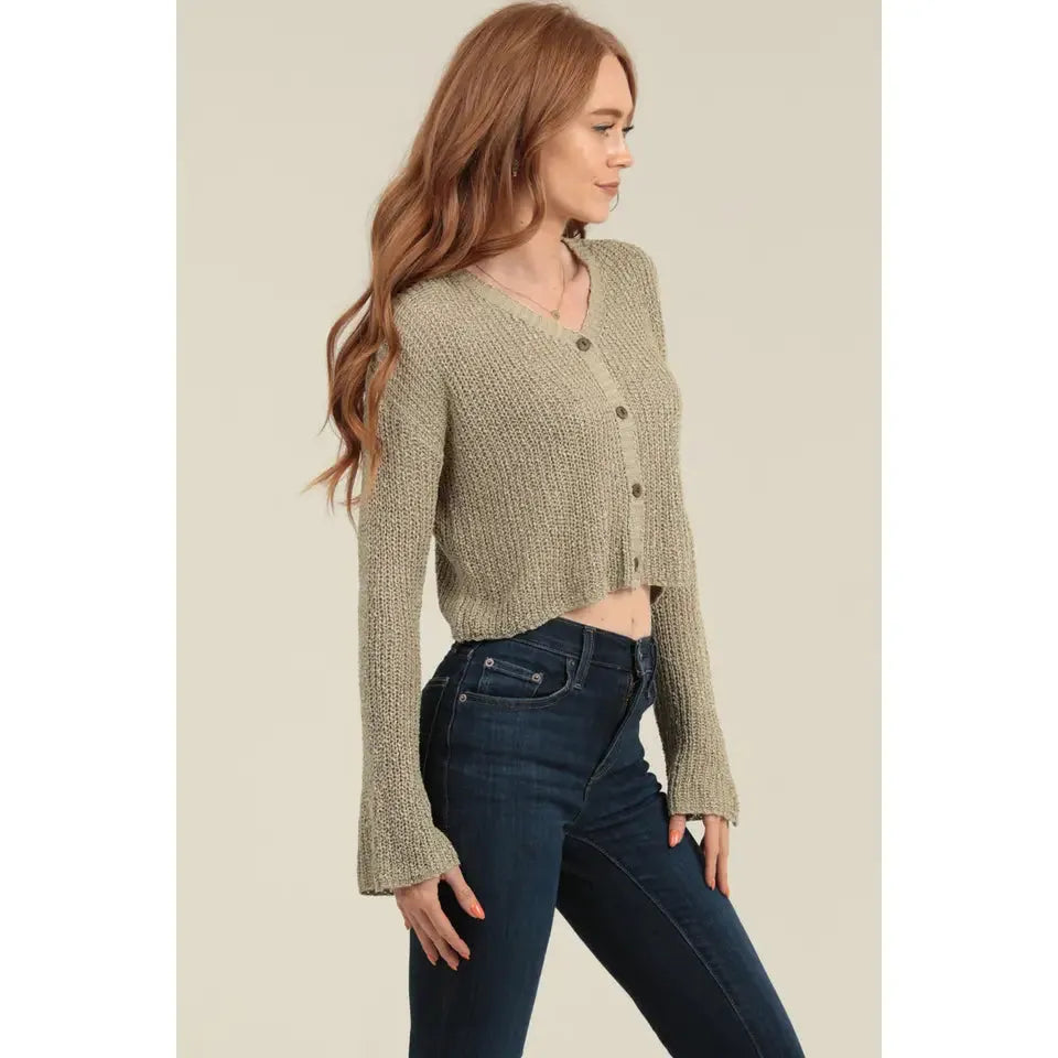 Angie Women's Flare Sleeve Wooded Button Front Cardigan Sweater - Multiple Colours