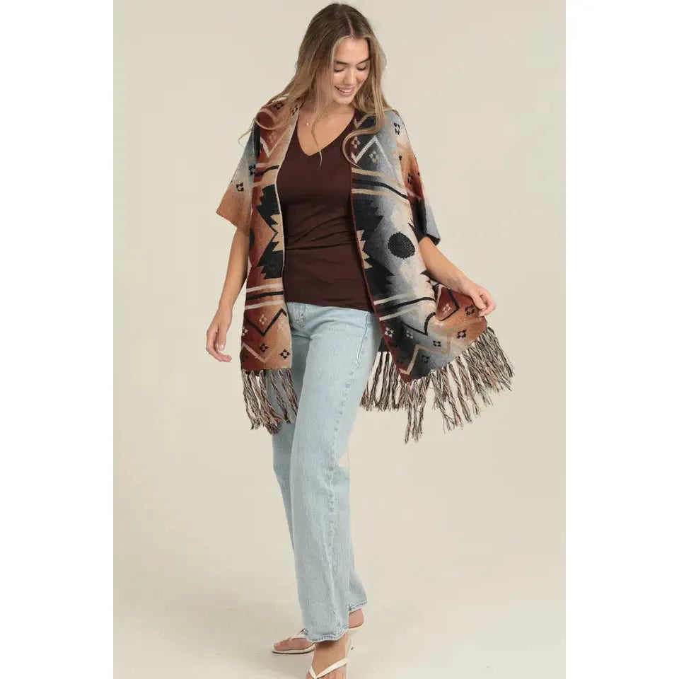 Angie Women's Aztec Fringe Hem Cardigan Kimono Sweater - California