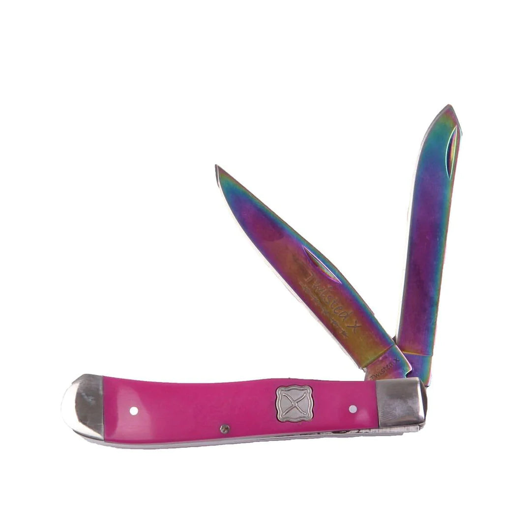 Twisted X Rainbow Bladed Trapper Folding Knife - Acrylic Pink