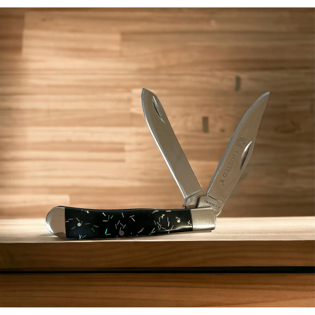 Twisted X Knife Folding Knife Stainless Blade Steel Handle Trapper - Black Fireworks - Irvine Tack &amp; Western Wear