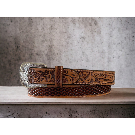 Twisted X Belt, Floral Billet, Diamond Carved Body, Two Tone - Irvine Tack & Western Wear