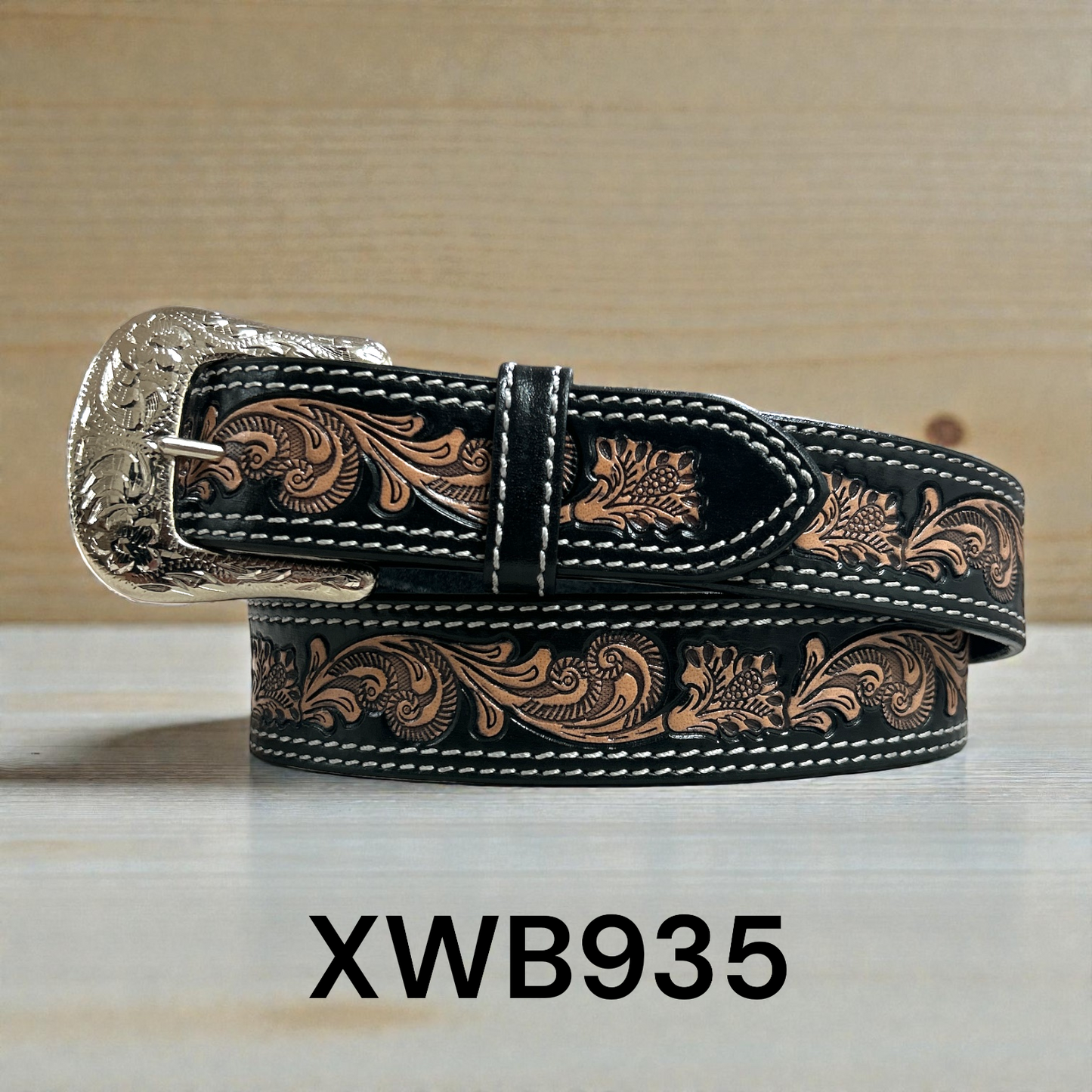 Twisted X Double Stitch w/Brown Floral Pattern Belt - Black