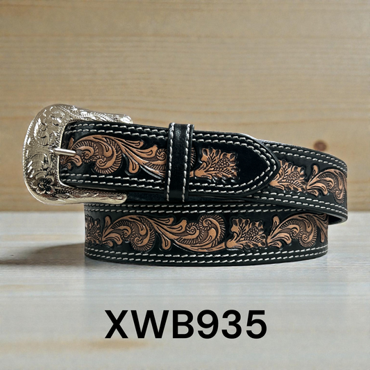 Twisted X Double Stitch w/Brown Floral Pattern Belt - Black