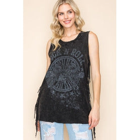 Women's Vintage Fringe Top with Rock n Roll and Wings