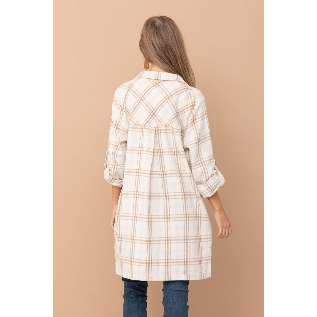Cozy Co Plaid Button Up Shacket Dress w/Roll Up Sleeve Detail - Ivory