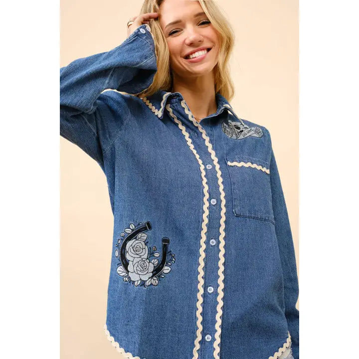 Women's Long Sleeve Ric Rac Embroidered Denim Top- Indigo