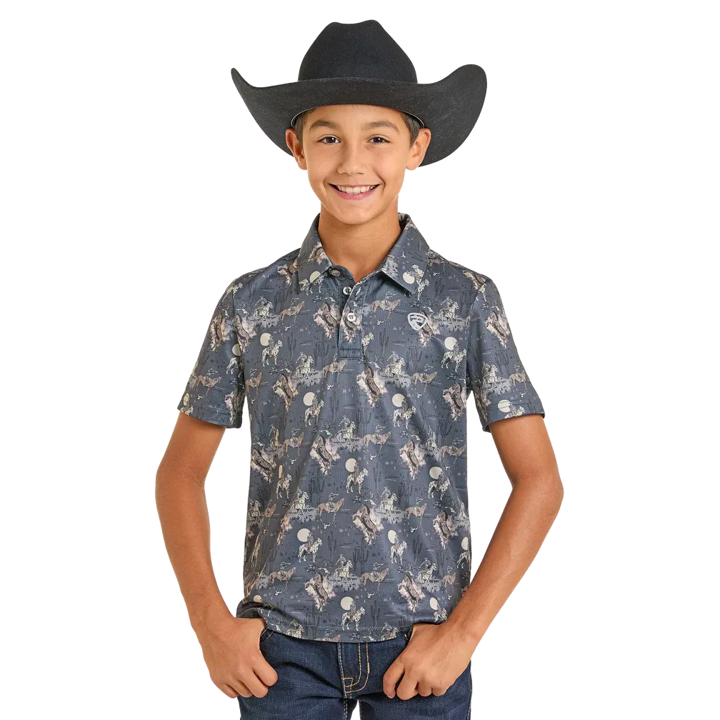 Rock & Roll Boy's Conversational Printed Short Sleeve Polo Shirt - Charcoal