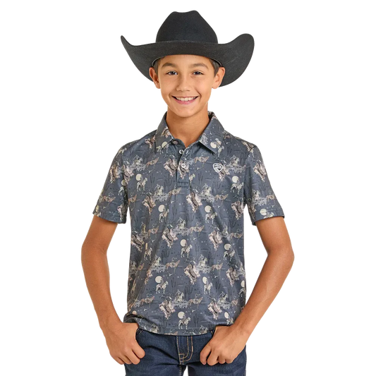 Rock & Roll Boy's Conversational Printed Short Sleeve Polo Shirt - Charcoal